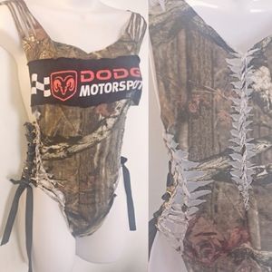 Camo Lace Up Shirt Dodge Bodysuit Woven Cut Up Tee